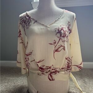 iris Cream Blouse with Burgundy Floral Print